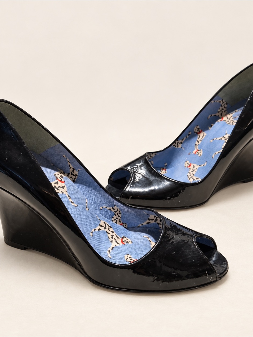 Stuart Weitzman Black Patent Peep-Toe Wedge Pumps